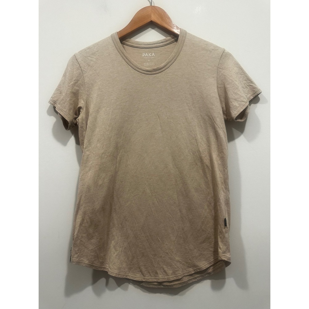 Paka Organic Pima Cotton Royal Alpaca Short Sleeve Curved Hem Tee Tan Small